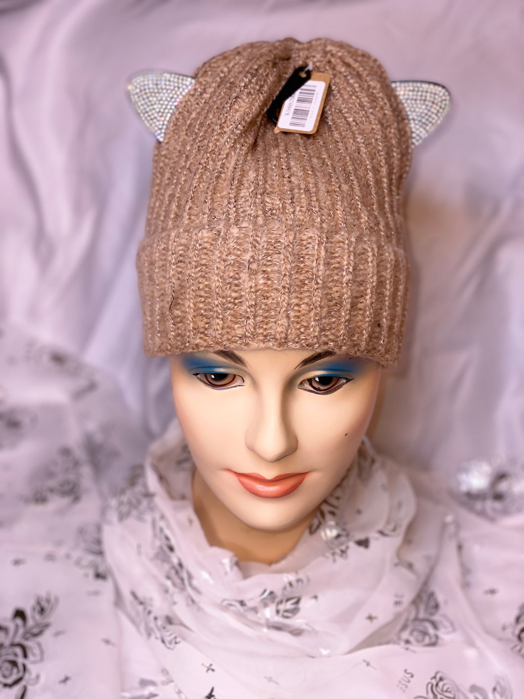 Blush Pink Rhinestone Cat Ears Beanie