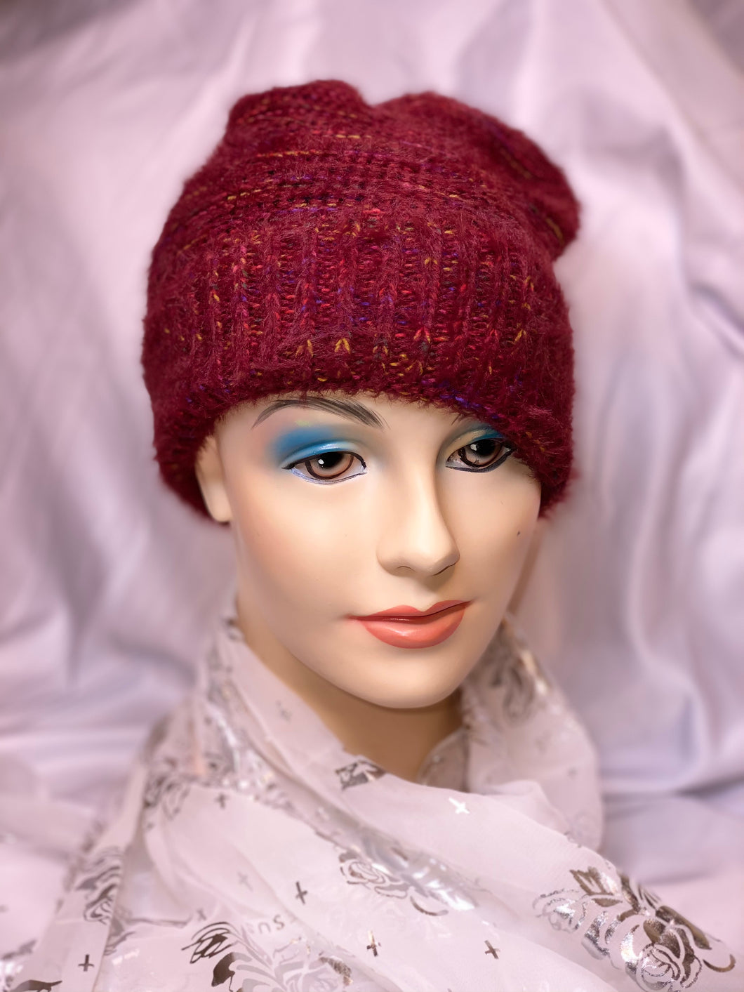 Burgundy/Rainbow Woven Fuzzy Beanie