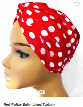 Load image into Gallery viewer, Red Polka Dot Satin Lined Turban