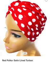 Load image into Gallery viewer, Red Polka Dot Satin Lined Turban